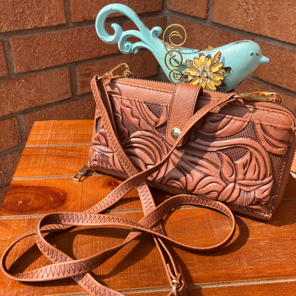 Brown Faux Leather Crossbody Wallet